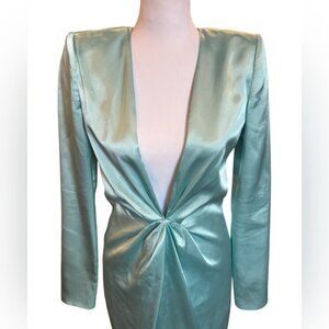 Gauge81Icy Blue Zarate Long Sleeve Satin Short Dress Deep V Neck Size Small